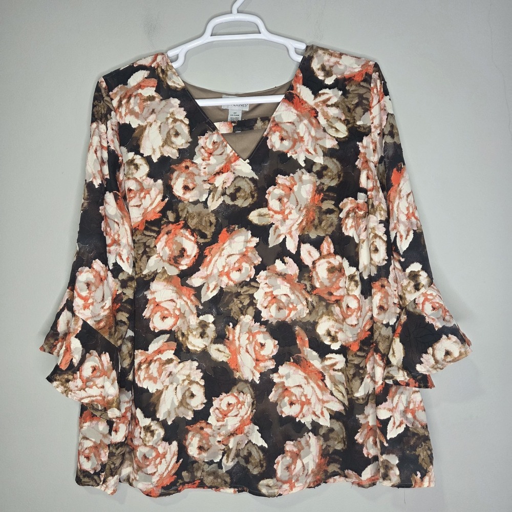 Catherines Womens Multicolor Bell Sleeve Peasant Floral Textured Blouse Top 2X‎